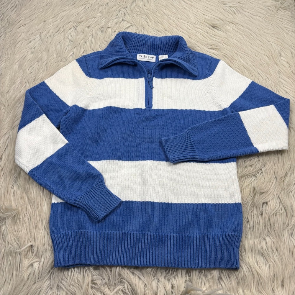 Vintage Liz Claiborne‎ Women's S Blue Striped 1/4 Zip Sweater Coastal Preppy